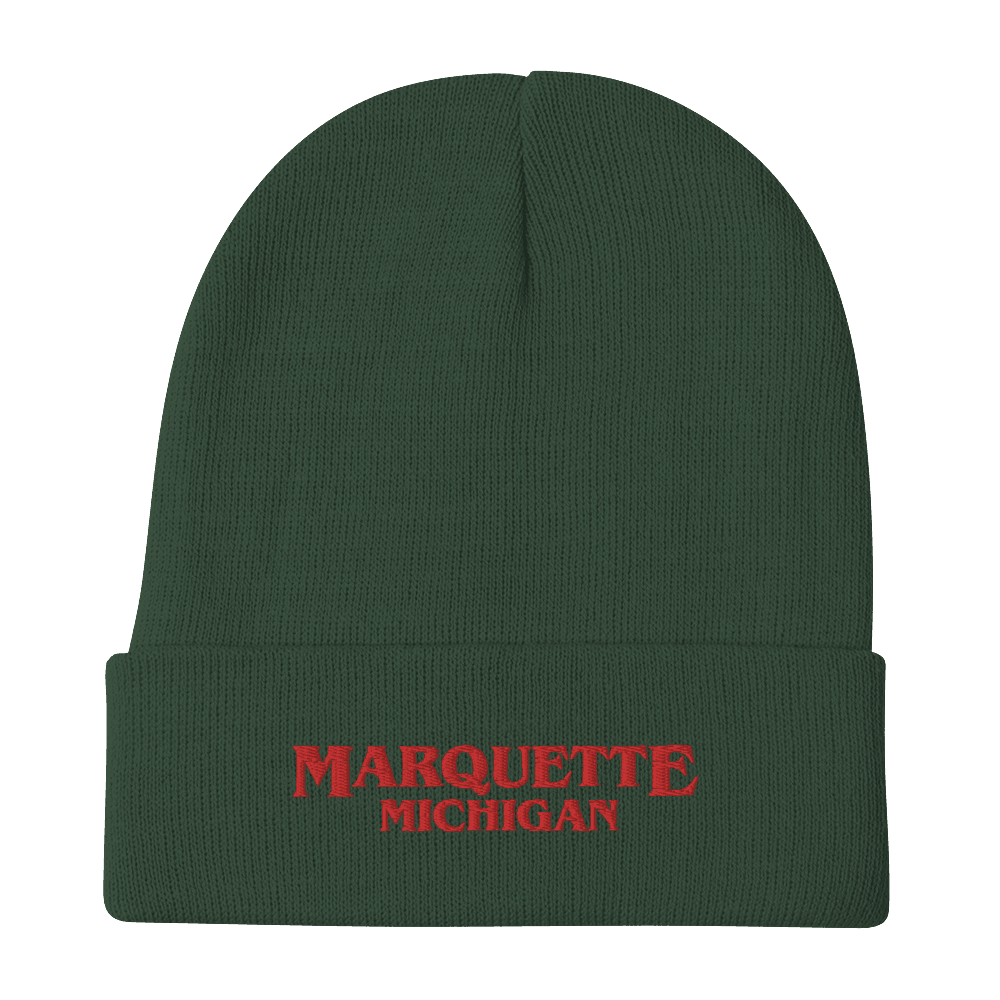 'Marquette Michigan' Winter Beanie (1980s Drama Parody) | Red/White Embroidery - Circumspice Michigan