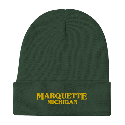 'Marquette Michigan' Winter Beanie (1980s Drama Parody) | Gold Embroidery - Circumspice Michigan