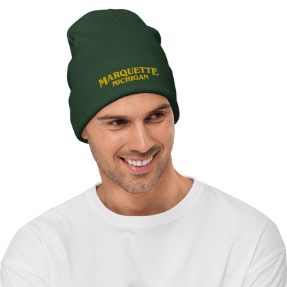 'Marquette Michigan' Winter Beanie (1980s Drama Parody) | Gold Embroidery - Circumspice Michigan