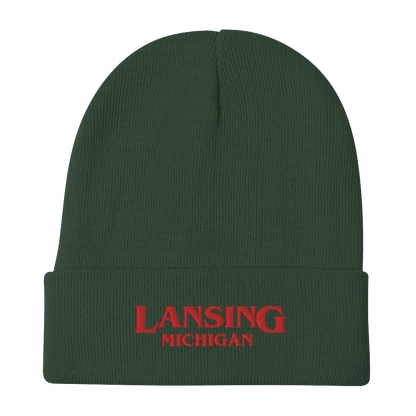 'Lansing Michigan' Winter Beanie (1980s Drama Parody) | Red/White Embroidery - Circumspice Michigan