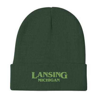 'Lansing Michigan' Winter Beanie (1980s Drama Parody) | Green Embroidery - Circumspice Michigan