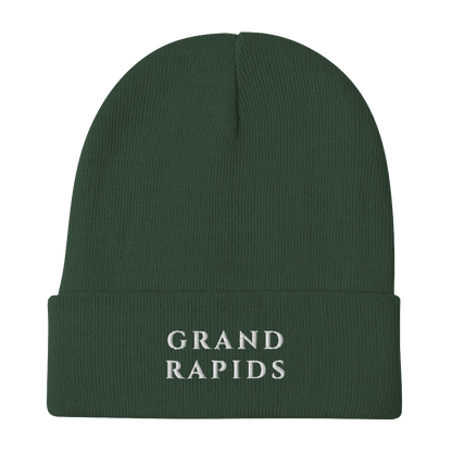 'Grand Rapids' Winter Beanie (Roman-Style Serif Font) | White Embroidery - Circumspice Michigan