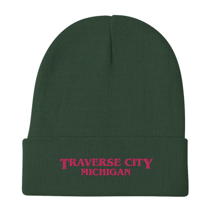 'Traverse City Michigan' Winter Beanie (1980s Drama Parody) | Pink Embroidery - Circumspice Michigan