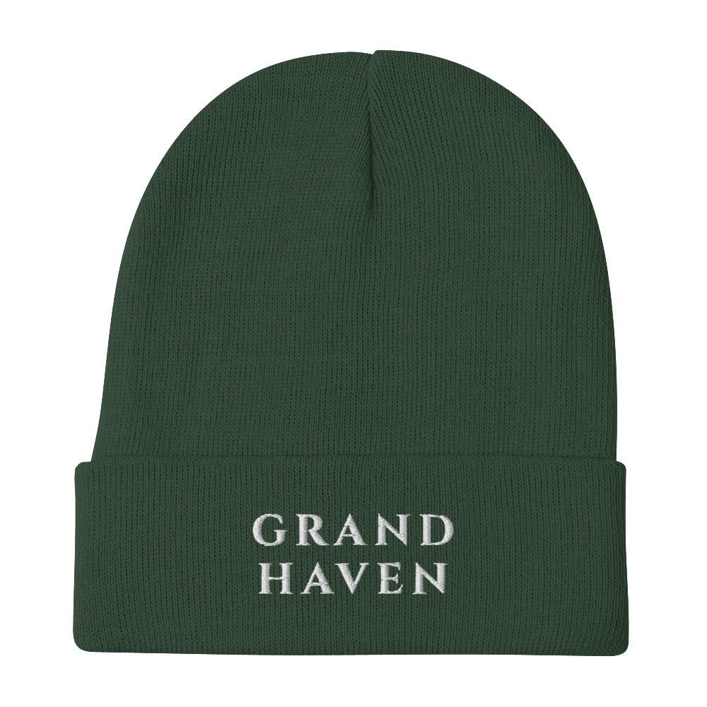 'Grand Haven' Winter Beanie (Roman-Style Font) | White Embroidery - Circumspice Michigan