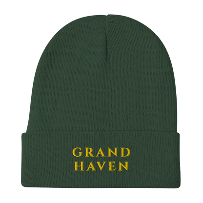 'Grand Haven' Winter Beanie (Roman-Style Font) | Gold Embroidery - Circumspice Michigan