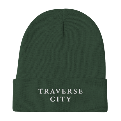 'Traverse City' Winter Beanie (Roman-Style Serif Font) | White Embroidery - Circumspice Michigan