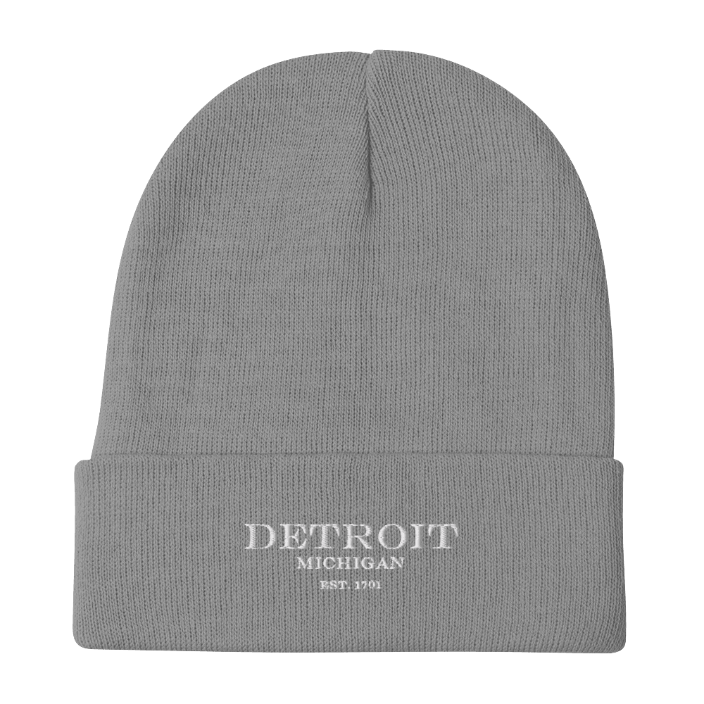 'Detroit Michigan EST. 1701' Winter Beanie | White Embroidery - Circumspice Michigan