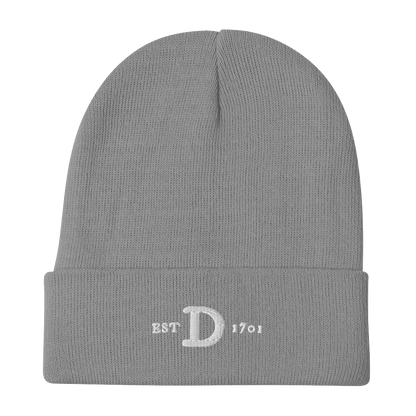 Detroit 'EST 1701' Winter Beanie (w/ Old French D) | White/Navy Embroidery - Circumspice Michigan