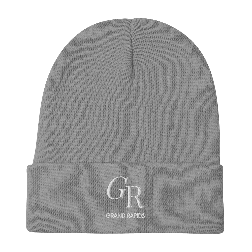 'GR Grand Rapids' Winter Beanie (Luxury Goods Parody) | White/Black Embroidery - Circumspice Michigan