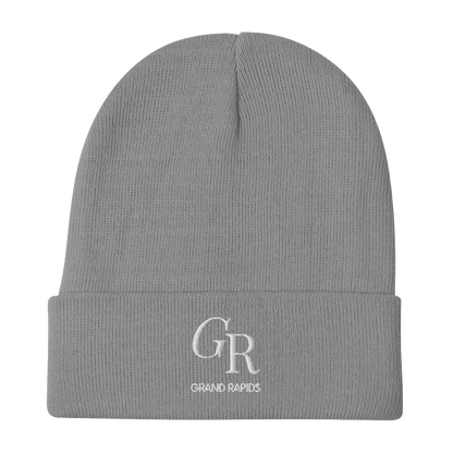 'GR Grand Rapids' Winter Beanie (Luxury Goods Parody) | White/Black Embroidery - Circumspice Michigan