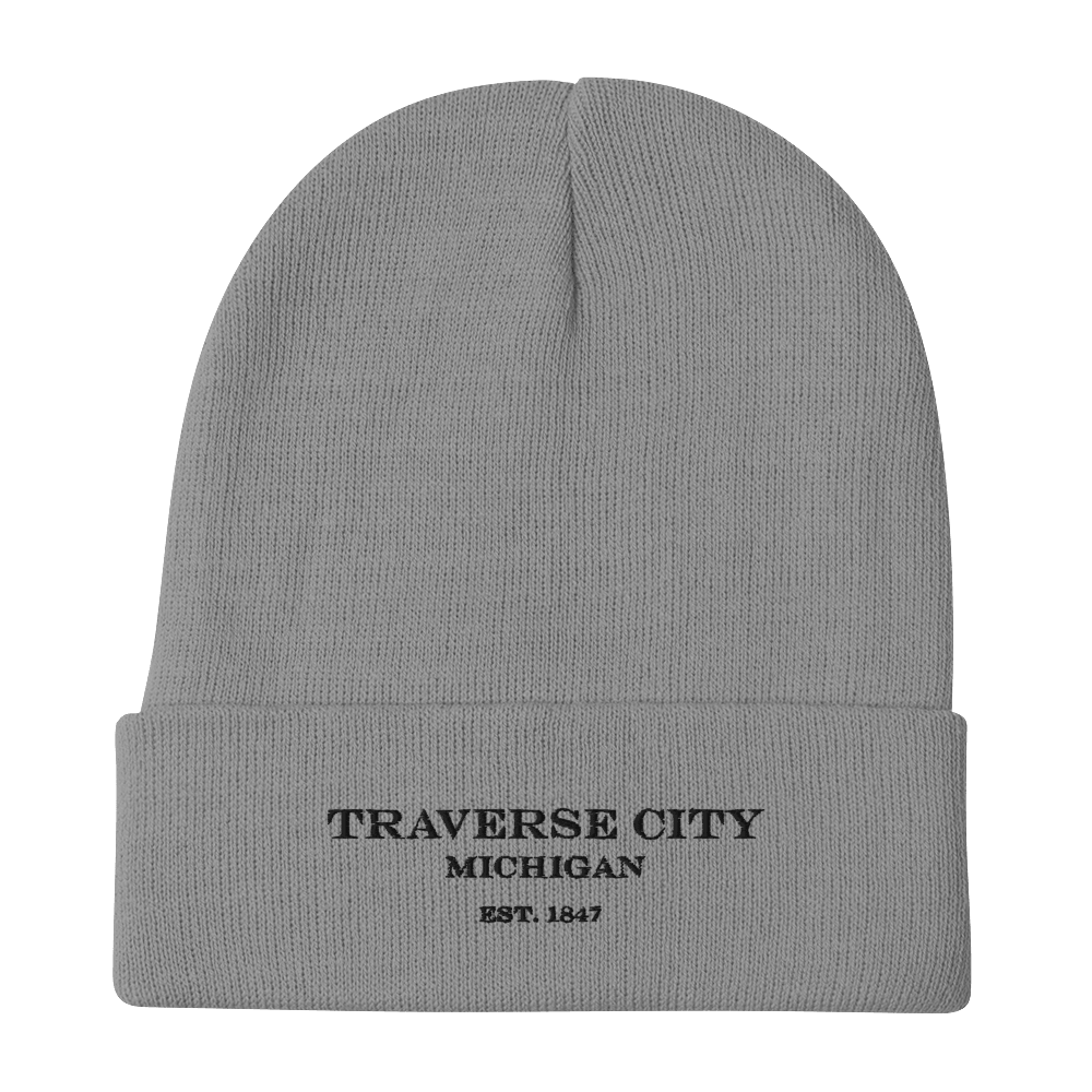 'Traverse City Michigan EST 1847' Winter Beanie | White/Black Embroidery - Circumspice Michigan