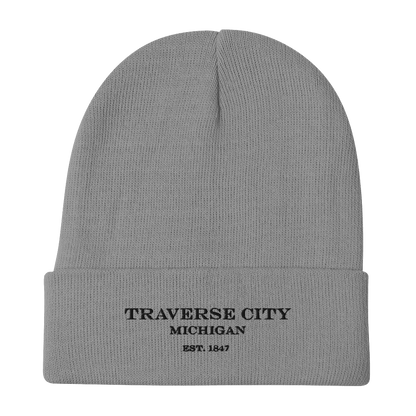 'Traverse City Michigan EST 1847' Winter Beanie | White/Black Embroidery - Circumspice Michigan