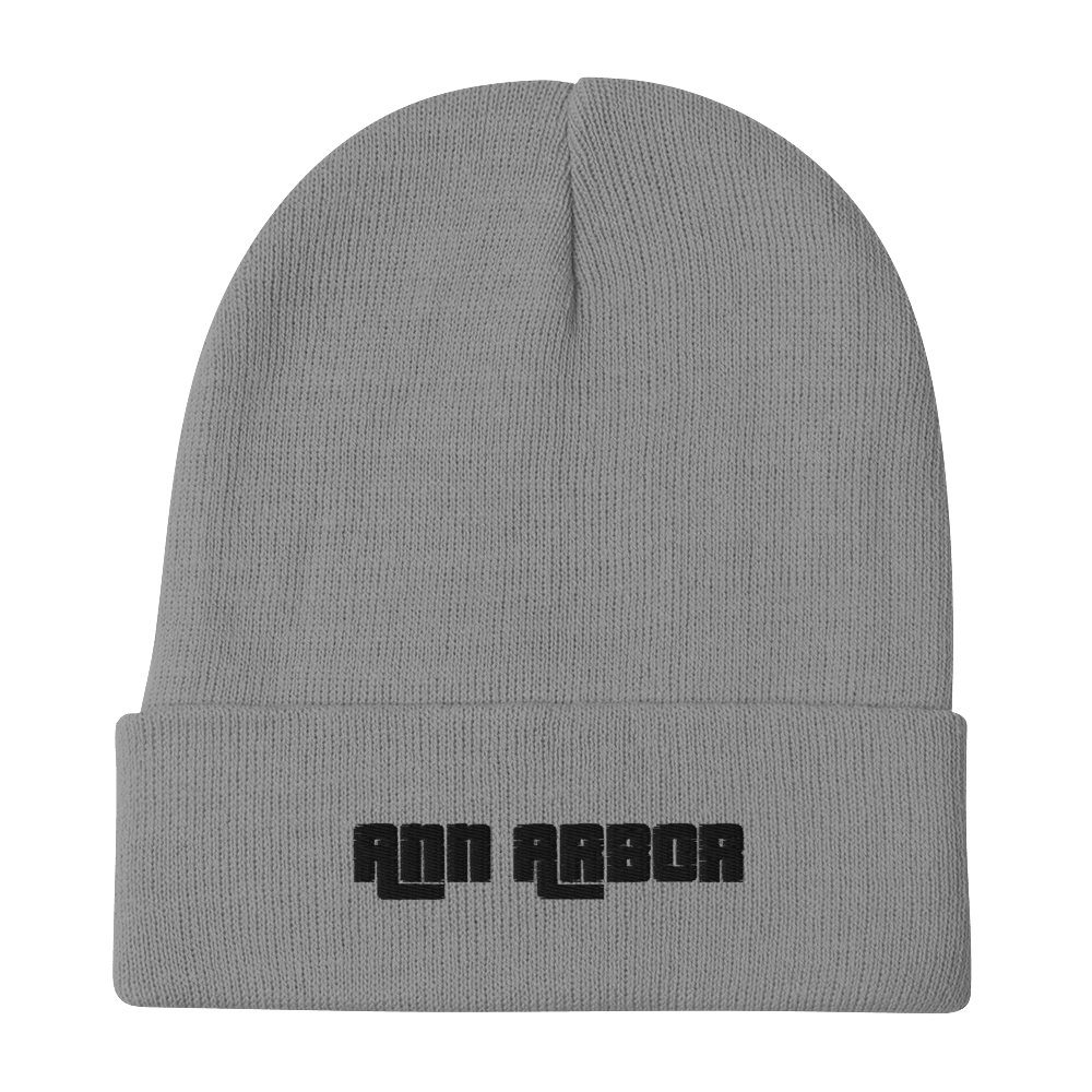 'Ann Arbor' Winter Beanie (1970s Font) | White/Black Embroidery - Circumspice Michigan