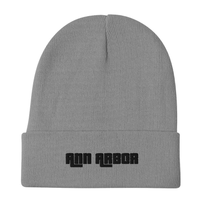 'Ann Arbor' Winter Beanie (1970s Font) | White/Black Embroidery - Circumspice Michigan