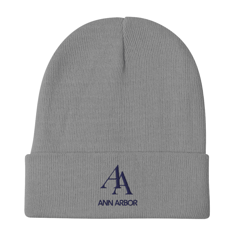 'AA Ann Arbor' Winter Beanie (Luxury Goods Parody) | White/Navy Embroidery - Circumspice Michigan