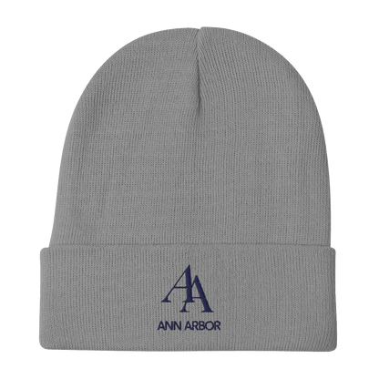 'AA Ann Arbor' Winter Beanie (Luxury Goods Parody) | White/Navy Embroidery - Circumspice Michigan