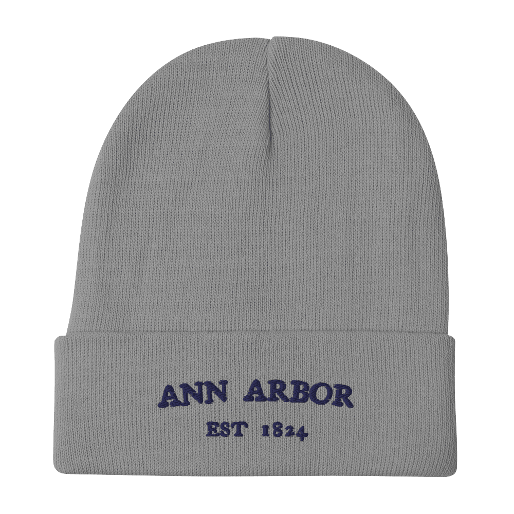 'Ann Arbor EST 1824' Winter Beanie | White/Navy Embroidery - Circumspice Michigan