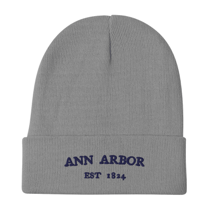 'Ann Arbor EST 1824' Winter Beanie | White/Navy Embroidery - Circumspice Michigan