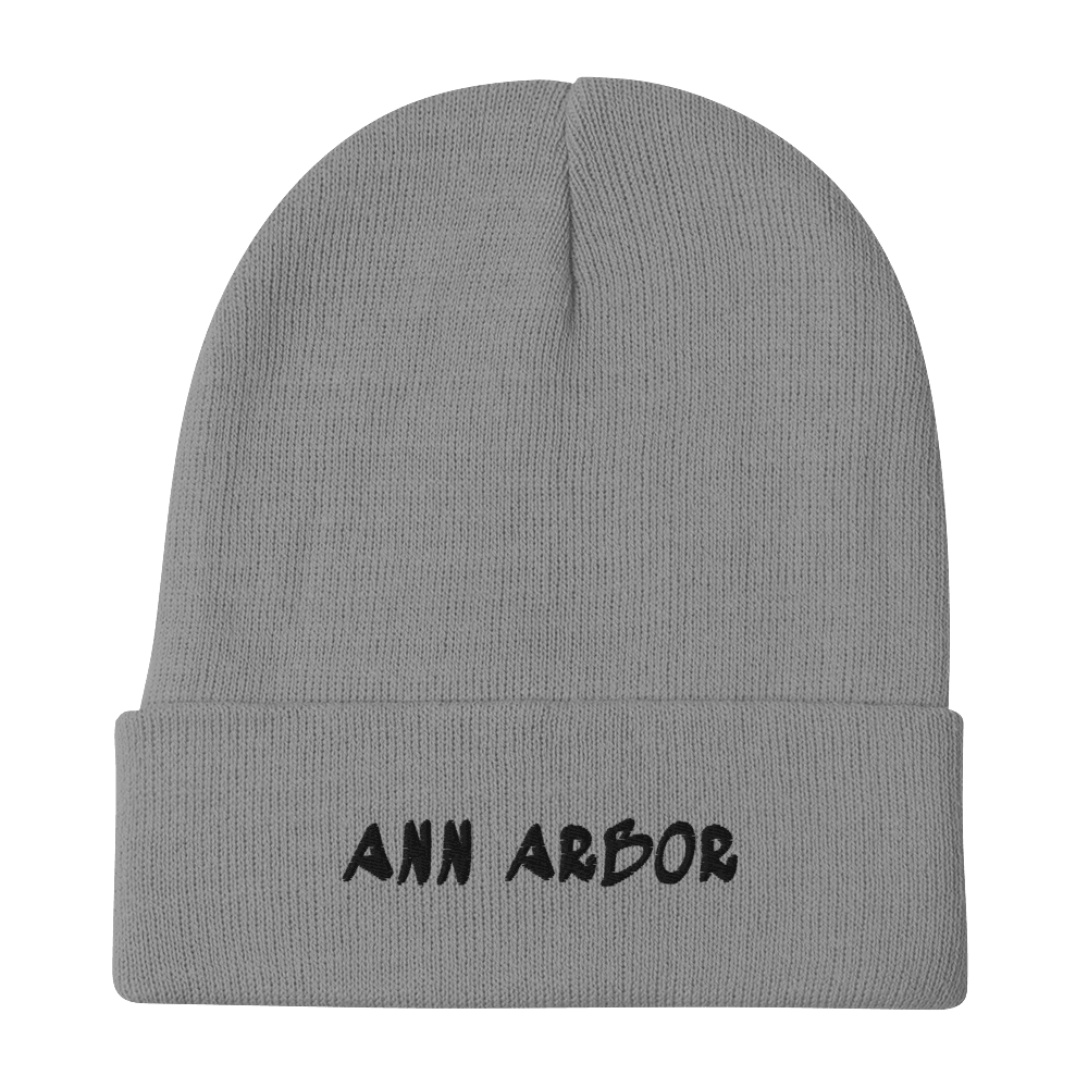 'Ann Arbor' Winter Beanie (1980's Hip Hop Font) | White/Black Embroidery - Circumspice Michigan