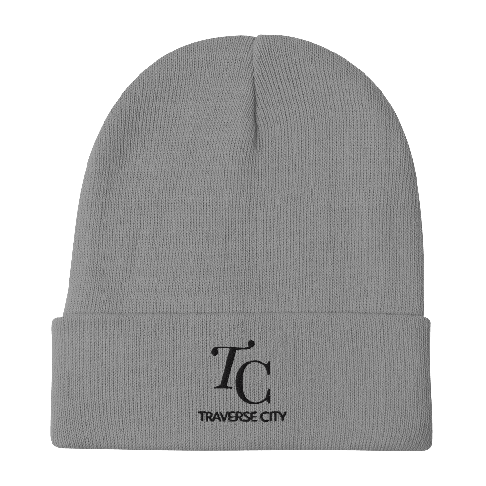 'TC Traverse City' Winter Beanie (Luxury Goods Parody) | White/Black Embroidery - Circumspice Michigan