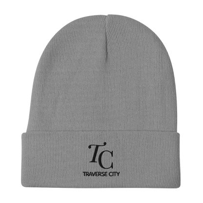 'TC Traverse City' Winter Beanie (Luxury Goods Parody) | White/Black Embroidery - Circumspice Michigan