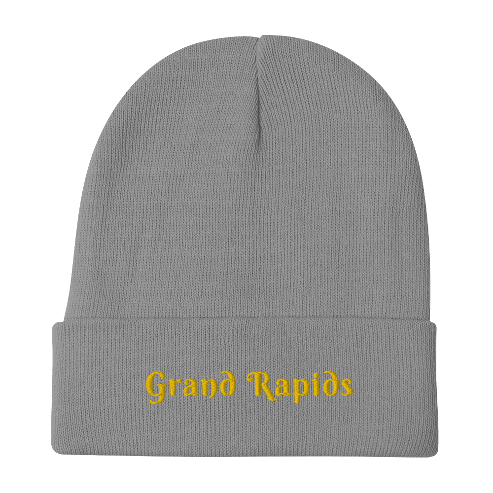 'Grand Rapids' Winter Beanie (Swash Font) | Gold Embroidery - Circumspice Michigan