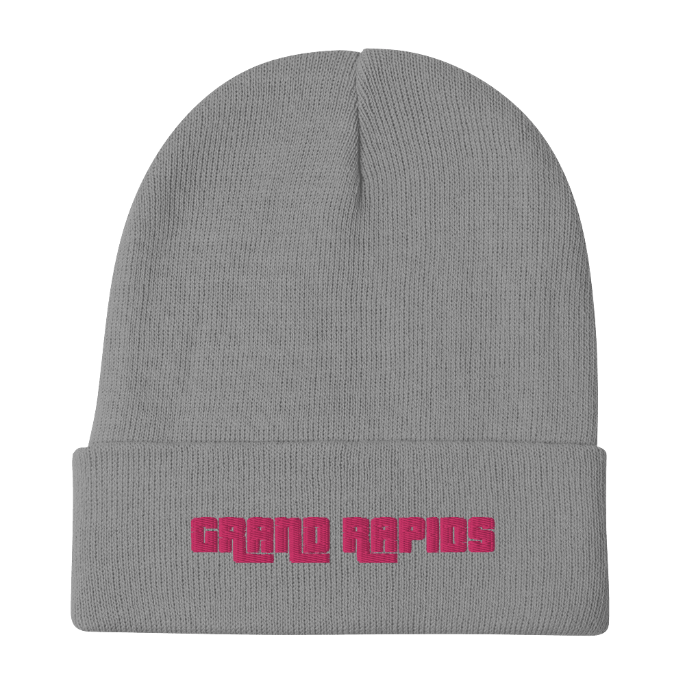 'Grand Rapids' Winter Beanie (1970s Font) | Pink Embroidery - Circumspice Michigan