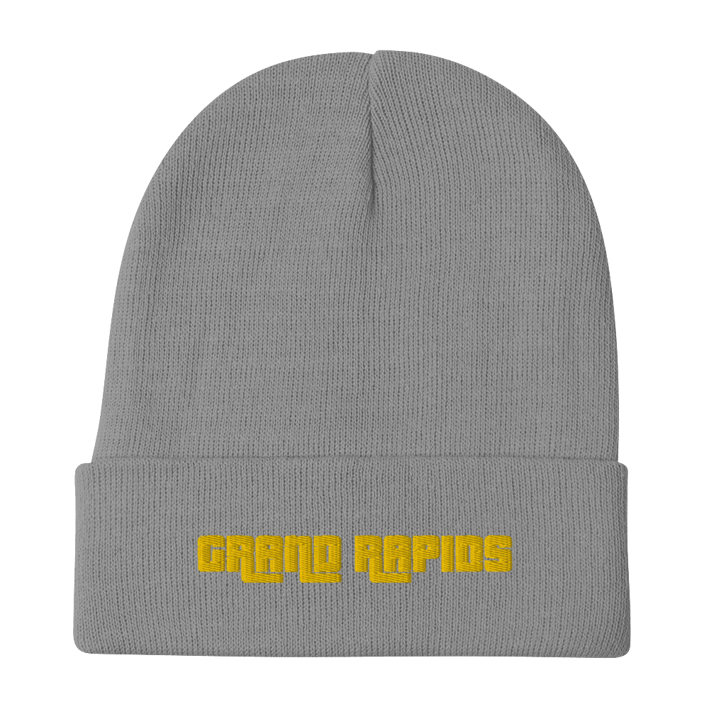 'Grand Rapids' Winter Beanie (1970s Font) | Gold Embroidery - Circumspice Michigan