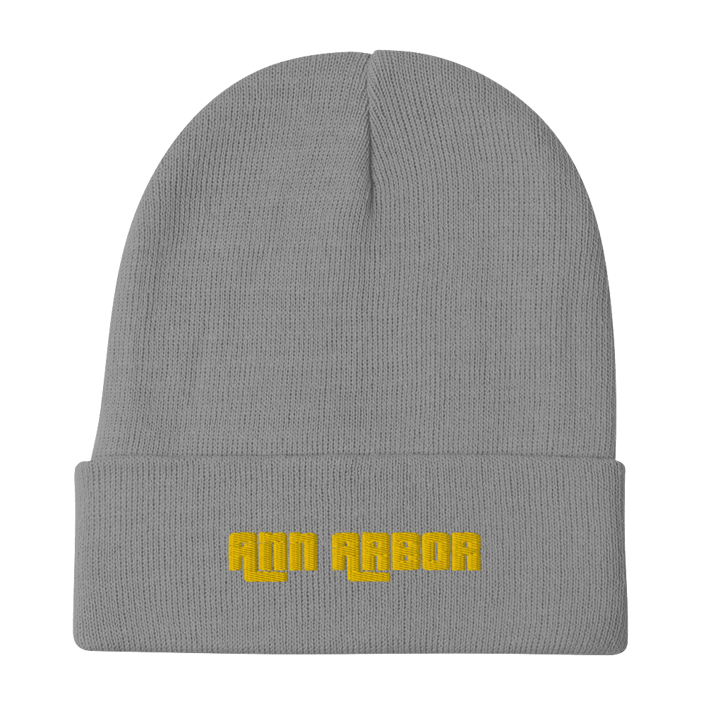 'Ann Arbor' Winter Beanie (1970s Font) | Gold Embroidery - Circumspice Michigan