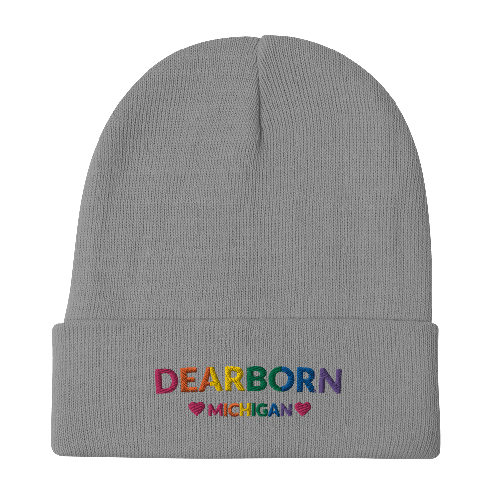 'Dearborn Michigan' Winter Beanie (LGBTQ Pride Colors w/Heart Outlines) - Circumspice Michigan