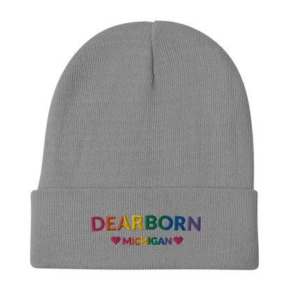 'Dearborn Michigan' Winter Beanie (LGBTQ Pride Colors w/Heart Outlines) - Circumspice Michigan