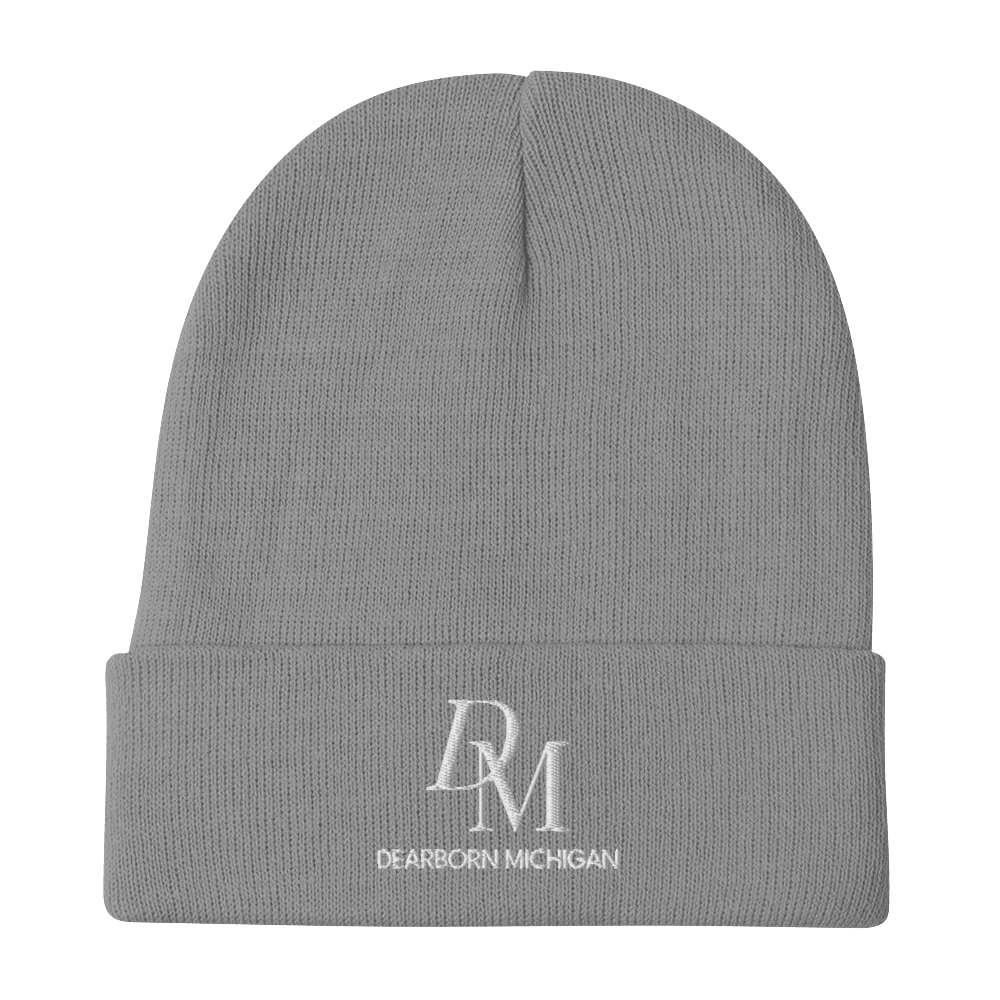 'DM Detroit Michigan' Winter Beanie (Luxury Goods Parody) | White/Black Embroidery - Circumspice Michigan