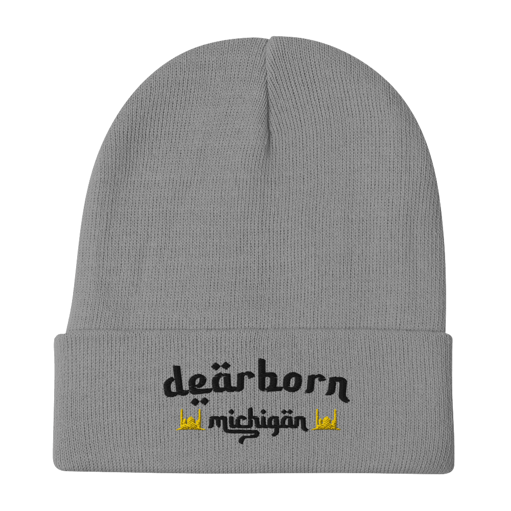 'Dearborn Michigan' Winter Beanie (Arabic-Font w/Mosque Outlines) | White/Black Embroidery - Circumspice Michigan