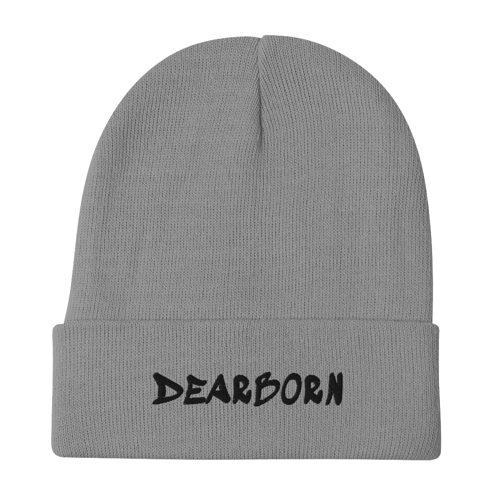 'Dearborn' Winter Beanie (1980's Hip Hop Font) | White/Black Embroidery - Circumspice Michigan