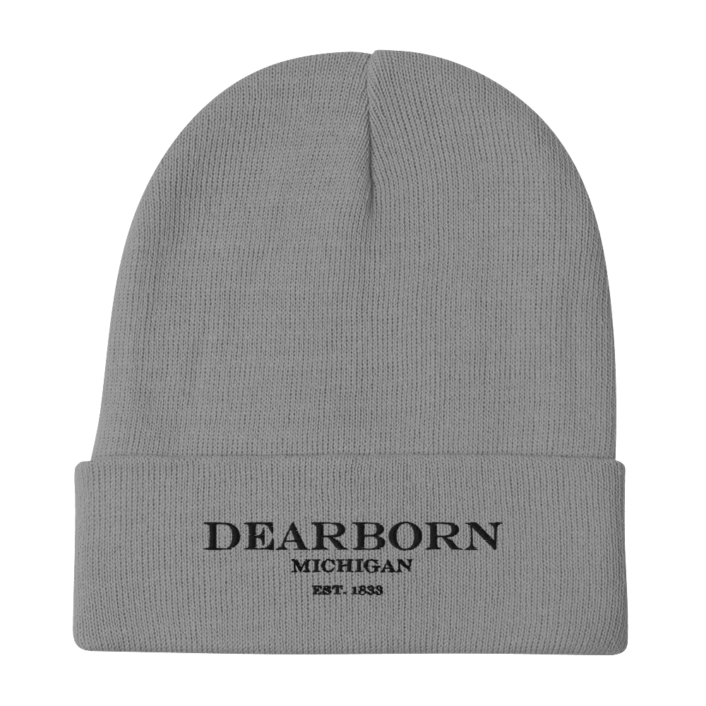'Dearborn Michigan EST 1833' Winter Beanie | White/Black Embroidery - Circumspice Michigan