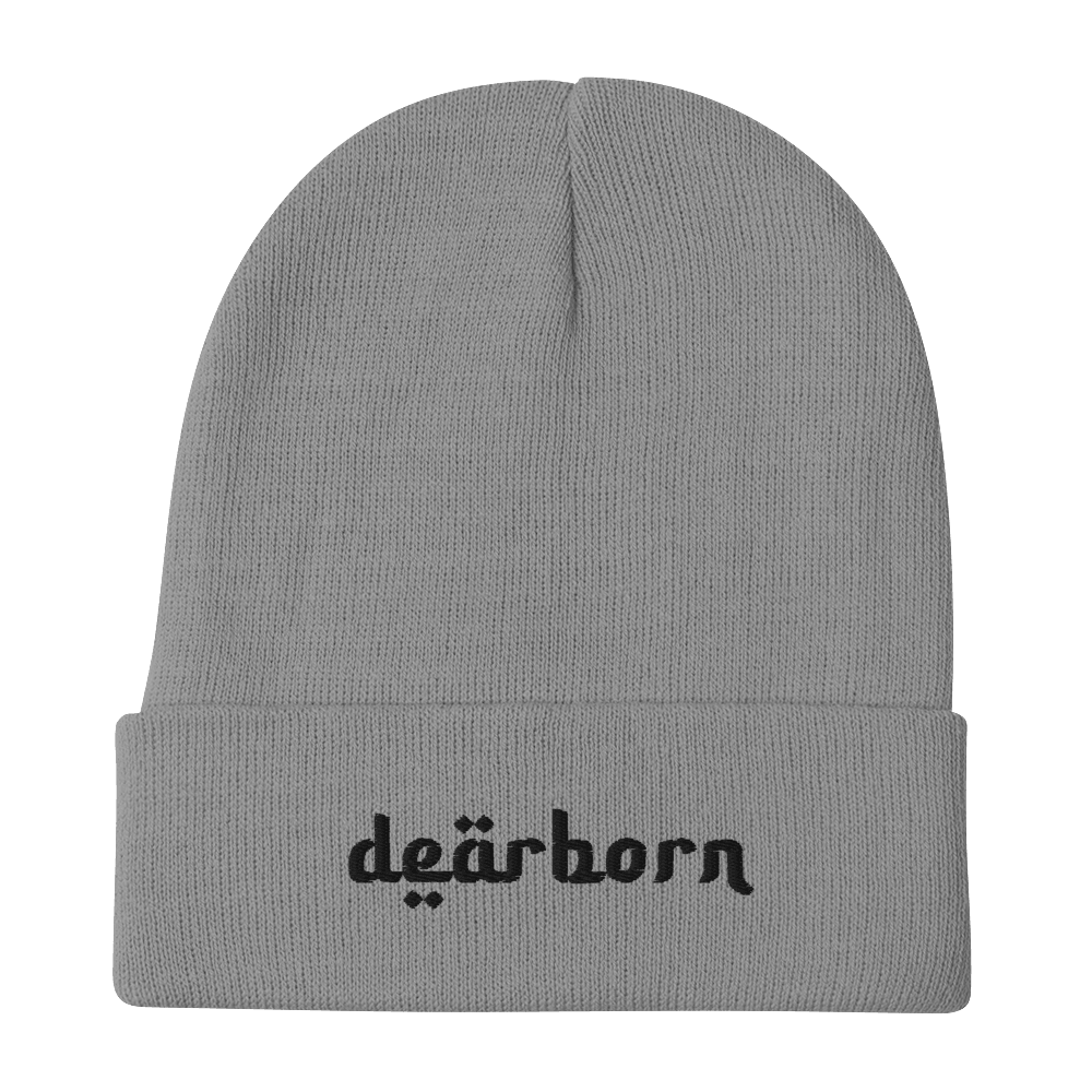 'Dearborn' Winter Beanie (Arabic-Style Font) | White Embroidery - Circumspice Michigan