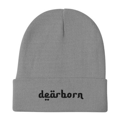 'Dearborn' Winter Beanie (Arabic-Style Font) | White Embroidery - Circumspice Michigan