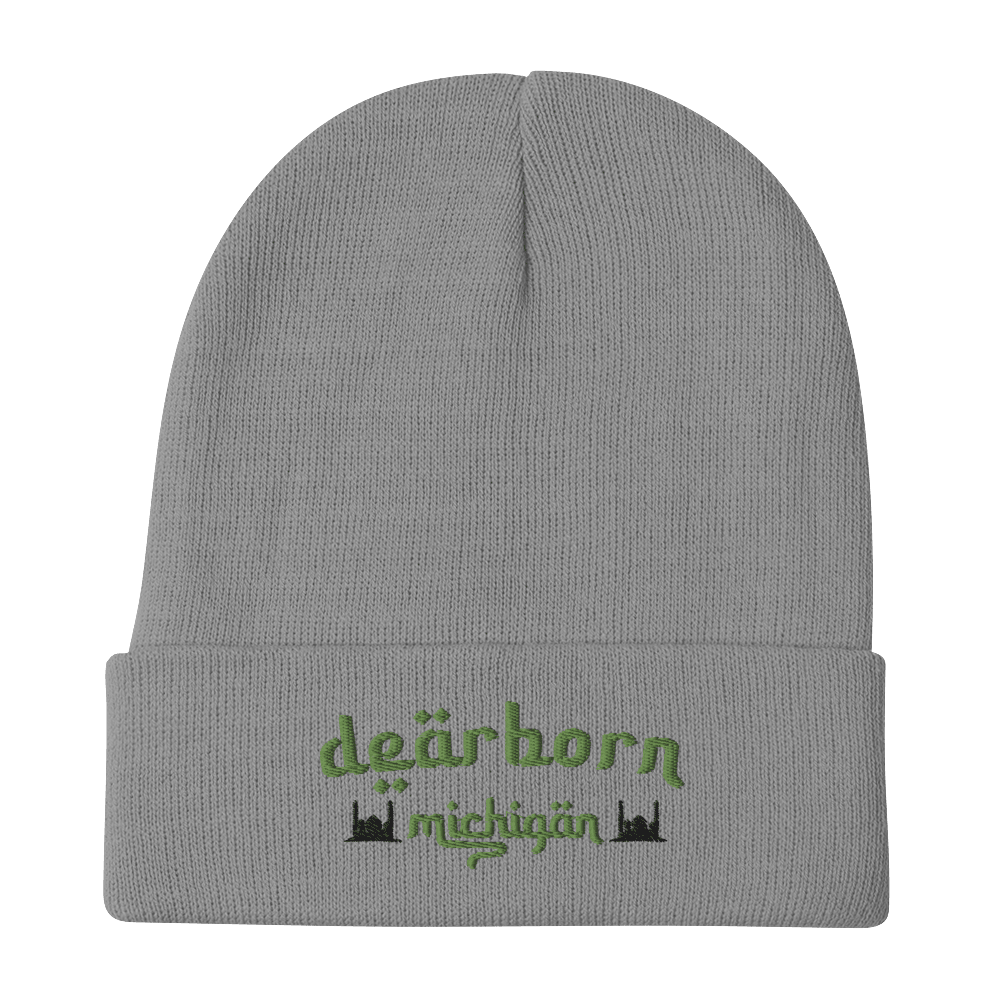 'Dearborn Michigan' Winter Beanie (Arabic Style Font w/Mosques Outlines) | Green Embroidery - Circumspice Michigan