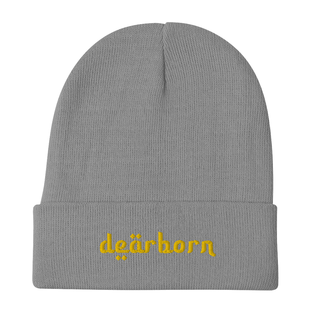 'Dearborn' Winter Beanie (Arabic-Style Font) | Gold Embroidery - Circumspice Michigan