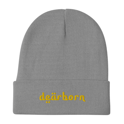 'Dearborn' Winter Beanie (Arabic-Style Font) | Gold Embroidery - Circumspice Michigan