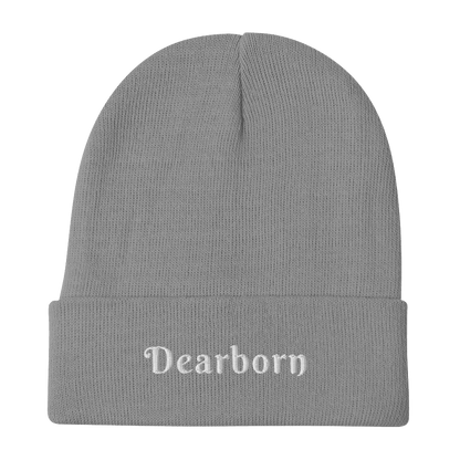 'Dearborn' Winter Beanie (Swash Font) | White/Black Embroidery - Circumspice Michigan