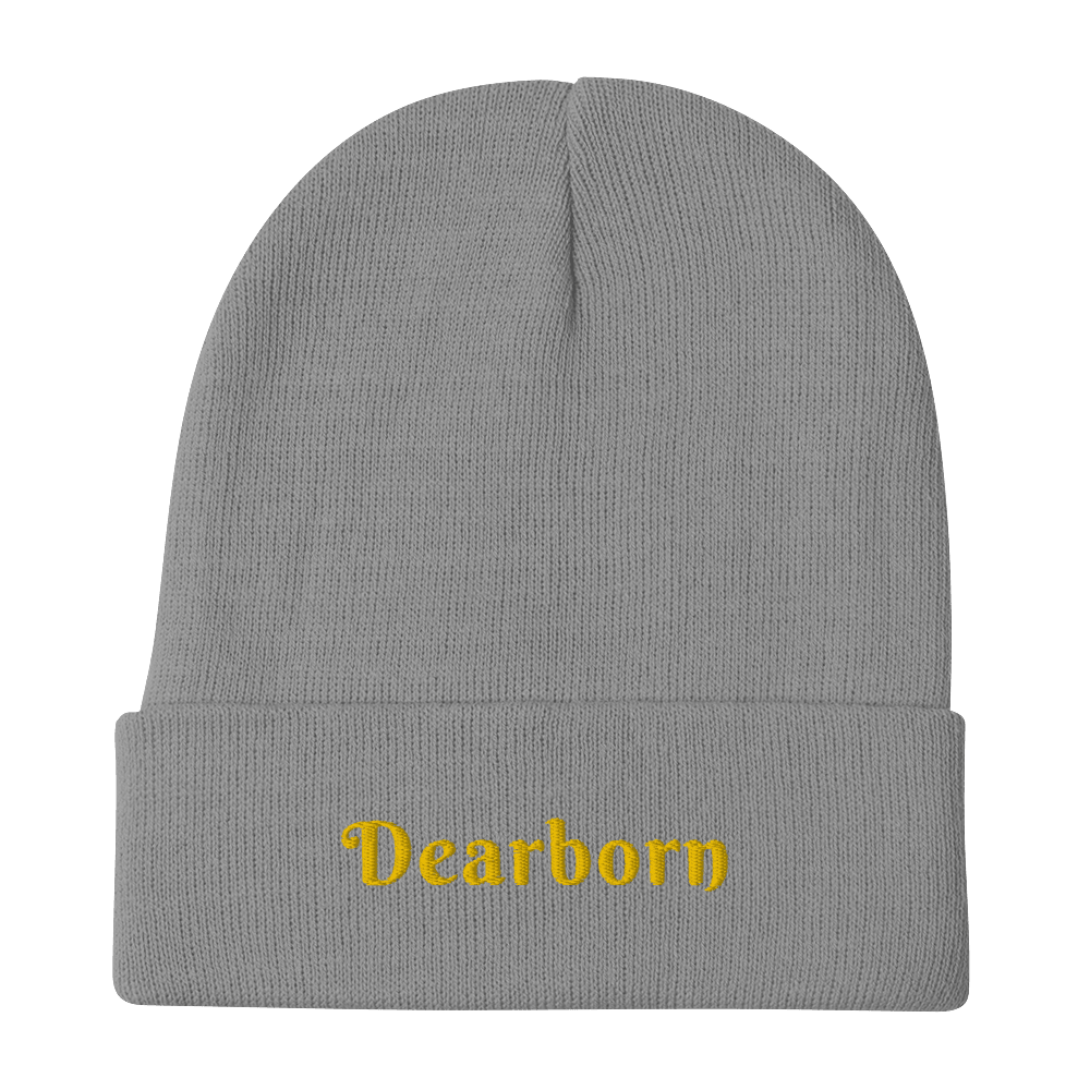 'Dearborn' Winter Beanie (Swash Font) | Gold Embroidery - Circumspice Michigan