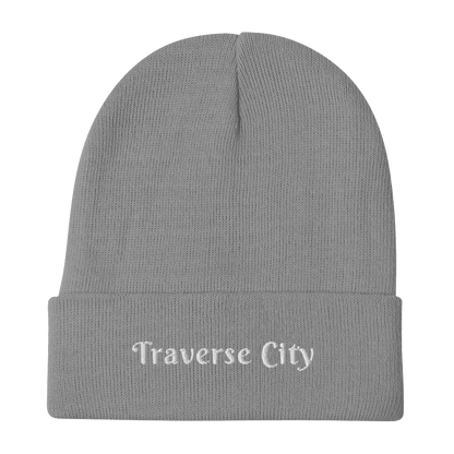 'Traverse City' Winter Beanie (Swash Font) | White/Navy Embroidery - Circumspice Michigan