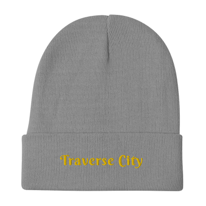 'Traverse City' Winter Beanie (Swash Font) | Gold Embroidery - Circumspice Michigan