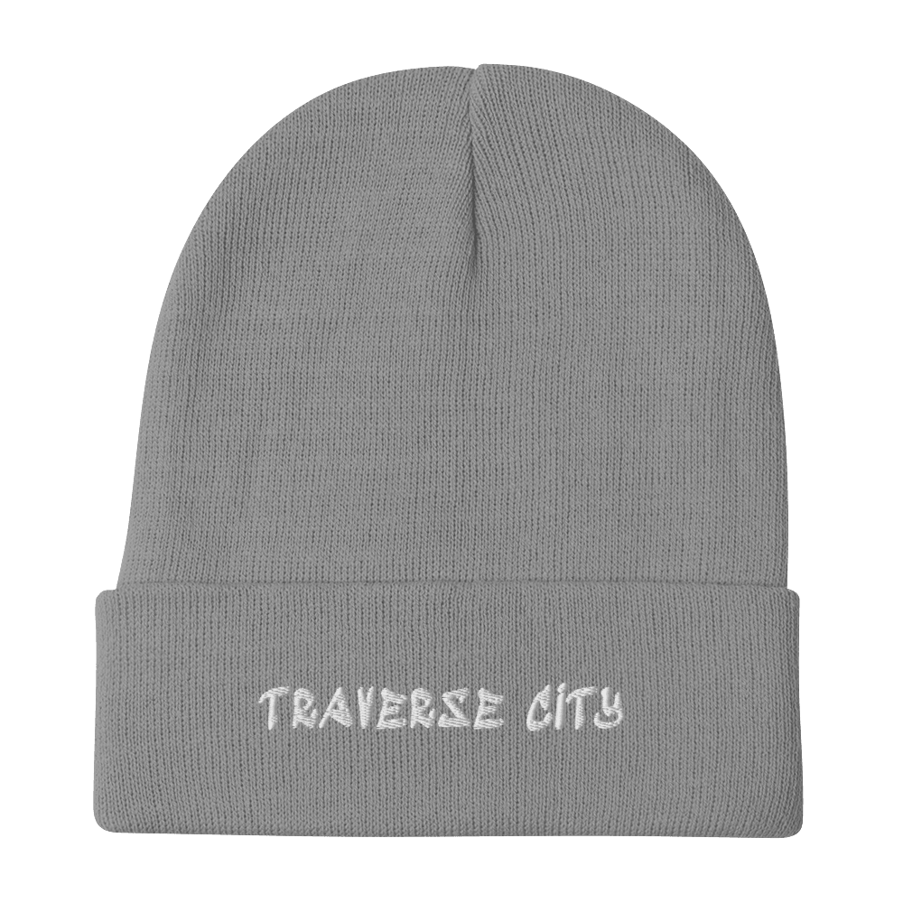 'Traverse City' Winter Beanie (Hip Hop Font) | White/Black Embroidery - Circumspice Michigan