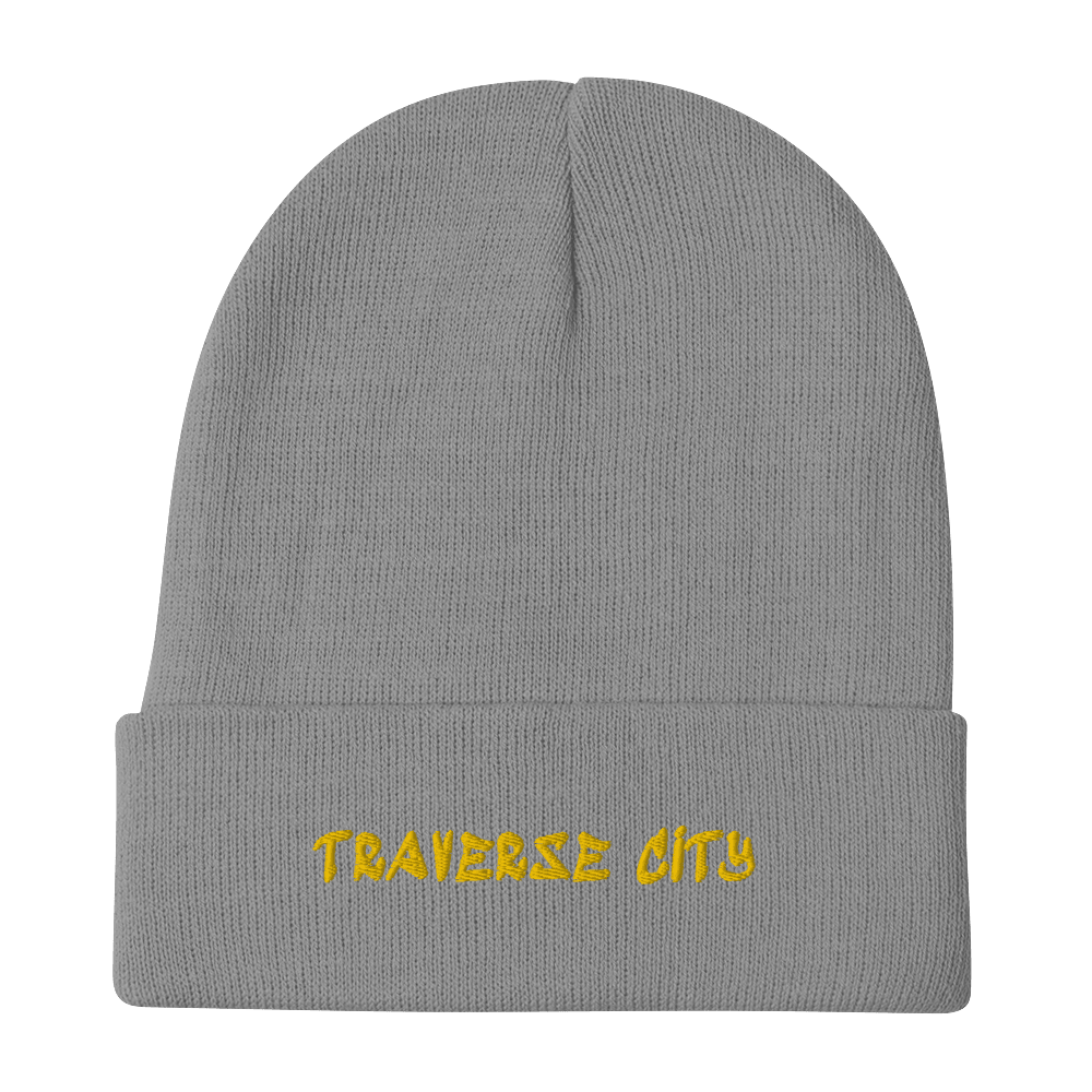 'Traverse City' Winter Beanie (1980s Hip Hop Font) | Gold Embroidery - Circumspice Michigan