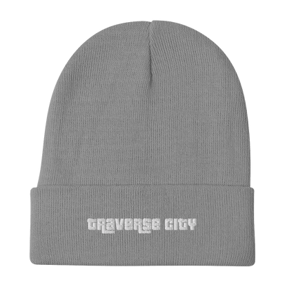 'Traverse City' Winter Beanie (1970s Font) | White/Black Embroidery - Circumspice Michigan