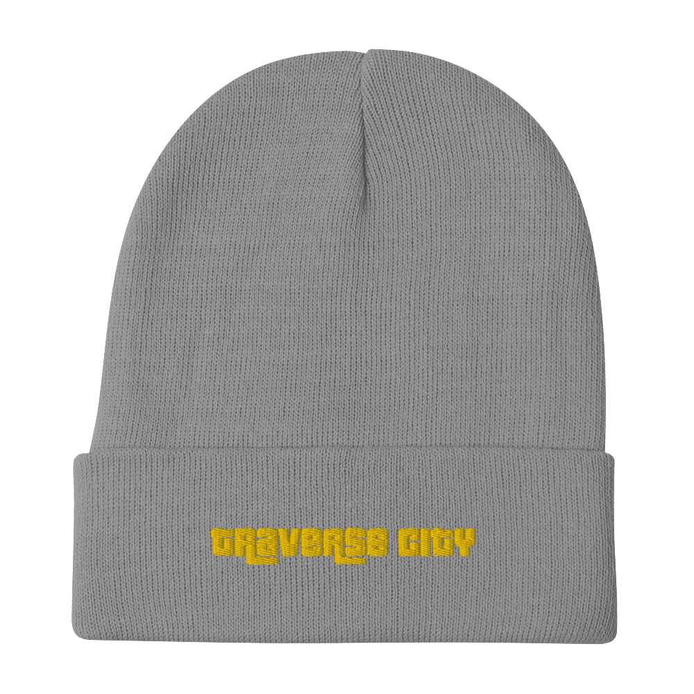 'Traverse City' Winter Beanie (1970's Font) | Gold Embroidery - Circumspice Michigan