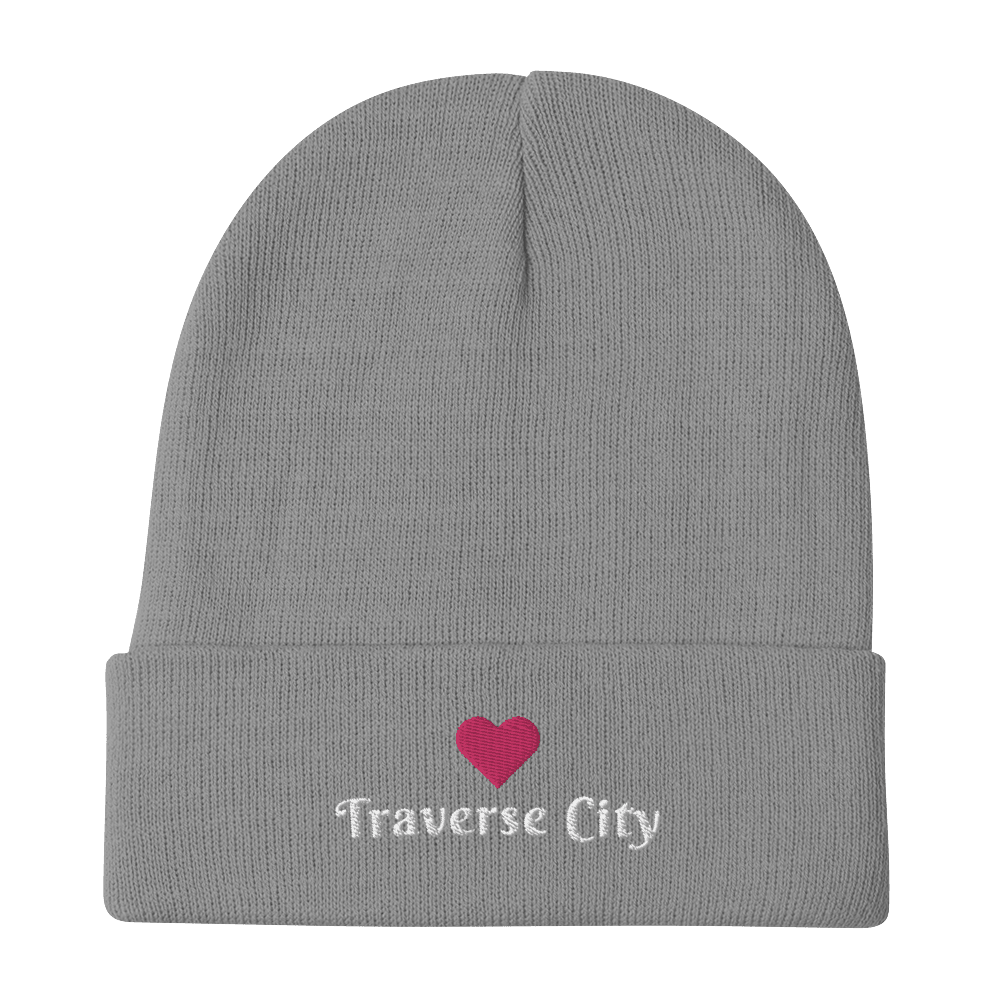 'Traverse City' Winter Beanie (w/Heart Outline) | White/Navy Embroidery - Circumspice Michigan