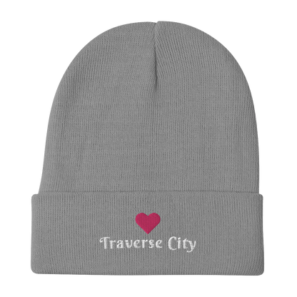 'Traverse City' Winter Beanie (w/Heart Outline) | White/Navy Embroidery - Circumspice Michigan